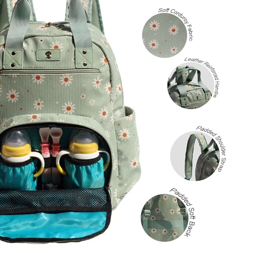 Diaper Bag Backpack Corduroy Multifunction Baby Fashion Travel Pack office Laptop Bag - color: Matcha Daisy