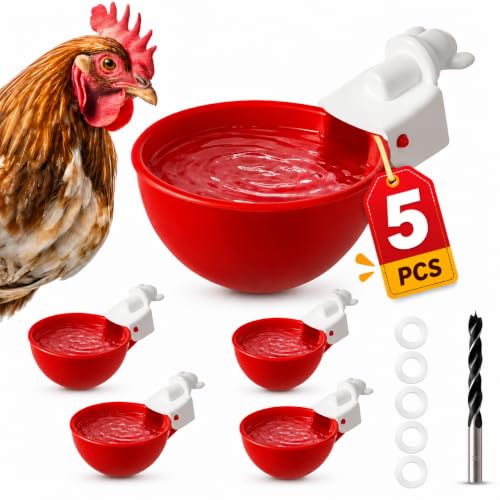 Premium 5 Pack Automatic Chicken Water Cups Kit Gravity Poultry Waterer Dispenser with Drill Bit Extra Washers for Ducks Quail Chickens