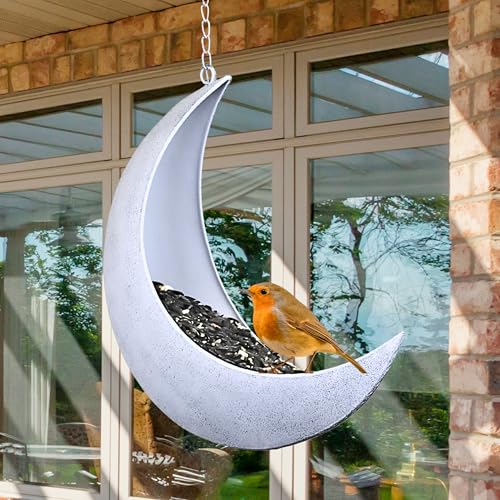 Hanging Moon Bird Feeder – Unique Metal Bird Feeders for Outdoors, Rustic White, Rust-Resistant, Wild Bird Feeder for Bluebirds, Cardinals, Finches, and Backyard Birdwatching - color: Rustic White