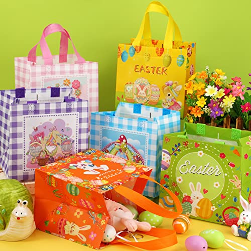 Sanwuta 24 Pcs Easter Gift Bags with Handles, Reusable Non-Woven Easter Goodie Bags Bulk, Bunny Egg Hunt Treat Baskets for Shopping Party Favor Supplies