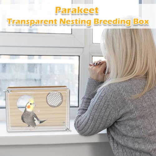 Bird Nesting Box for Window,Transparent Parakeet Nest Breeding Box Parrot Breeding Mating Box Bird Nest Box House Cage Accessories with Wood Perch for Parakeet Budgie Conure Parrot