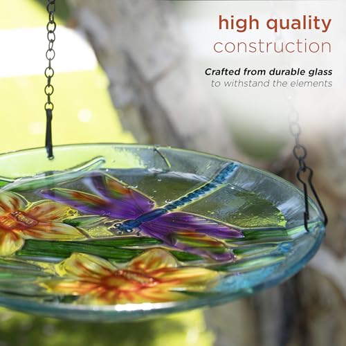 Alpine Corporation KBD158 Outdoor Hanging Glass Bird Feeder and Birdbath, Floral and Dragonfly Design with Chain, 10" W, Yellow - style: Floral and Dragonfly