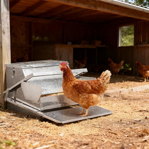 Automatic Treadle Chicken Feeder, 25 Lbs No Waste No Spill Rodent Proof Metal Chicken Feeder with Weatherproof Lid, Chicken Supplies for Your Chickens Duck Bantams Pheasants Poultry Coop