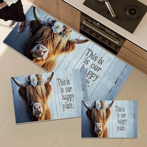 Farmhouse Kitchen Rugs Set of 3, Non Slip Washable Durable Stain Resistant Floor Mat Set,Highland Cow Floral Fence Retro Wood Pattern Kitchen Runner Rug 16"X24"+20"X32"+20"X47" - color: Grayish White-highland Cow