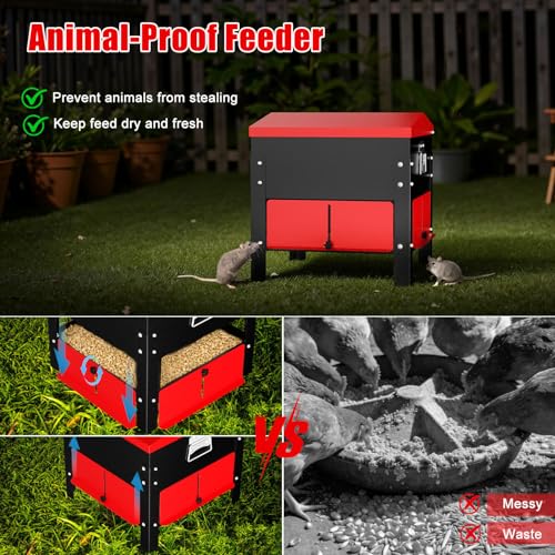 80lbs Automatic Chicken Feeder, Heavy Duty Galvanized Steel Poultry Feeder, Weatherproof & Secure-Lid for Outdoor Use, No Waste & Rodent-Proof for Chickens, Ducks, Turkeys - color: 80lbs-Red