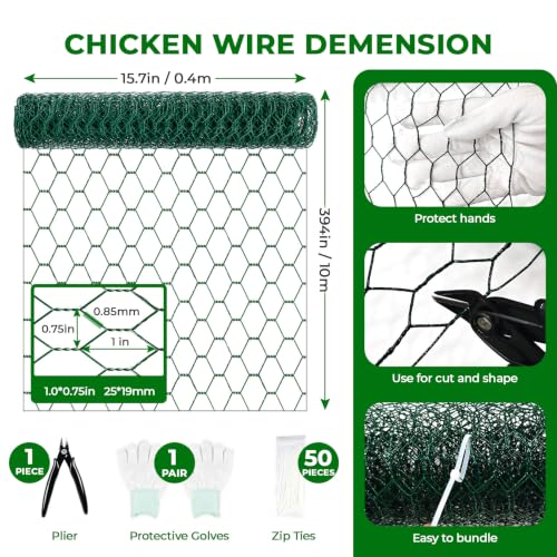 Chicken Wire for Floral Arrangements, Green Flower Mesh Netting | 15.7 x 394 inch, PVC Coated, Poultry Garden Fence Mesh, w/Zip Ties Pliers Gloves, Plant Protectors from Animals, DIY Crafts - size: 15.7 x 394 inch