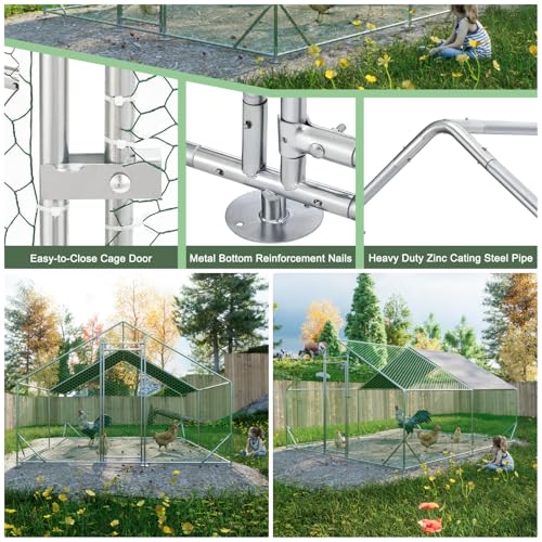 10' x 13' Large Metal Chicken Coop, Outdoor Heavy-Duty Chicken Run with Waterproof Oxford Cover & Secure Lockable Door, Walk-in All-Weather Poultry Cage for Hens, Ducks, Rabbits, Silver - color: Silver B, size: 120.0"L x 156.0"W x 156.0"H