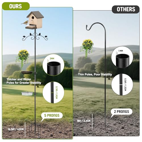 ERYTLLY Bird Feeder Pole Stand, 91 Inch Bird House Pole with 5-Prong Base Shepherds Hook for Hummingbird Feeders, Adjustable Bird Feeder Stand with Water Bowl Metal Mesh Tray for Outdoor Garden Decor - size: 91 in with Hooks and Feeders Kit