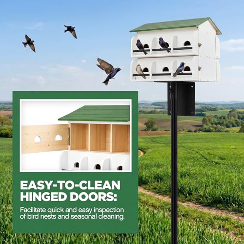 Yaocom 12 Room Purple Martin House with Pole, Heavy Duty 5 Section 15 ft Telescoping Pole with Ground Socket & Adapter, Easy to Clean Design, White Green Wooden Martin Bird House for Outdoor Nesting