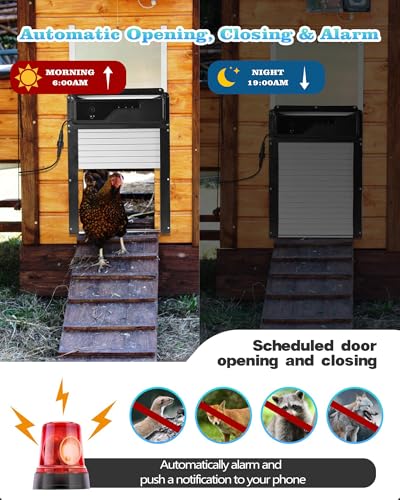 Automatic Chicken Coop Door with HD Camera, Solar Powered, 5000mAh Battery, WiFi Enabled, APP-Based Monitoring, Remote Control and Timer, with Anti-Trap Sensor and Alarm Drive(Black)