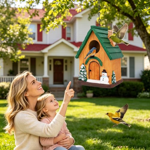 Rustic Cottage Hanging Bird Houses for Outside Garden Yard Decor | Resin Outdoor Birdhouses for Bluebird Wren Finches Cardinals Sparrow Nesting, Gift for Bird Lover Mom Women Christmas - color: Green