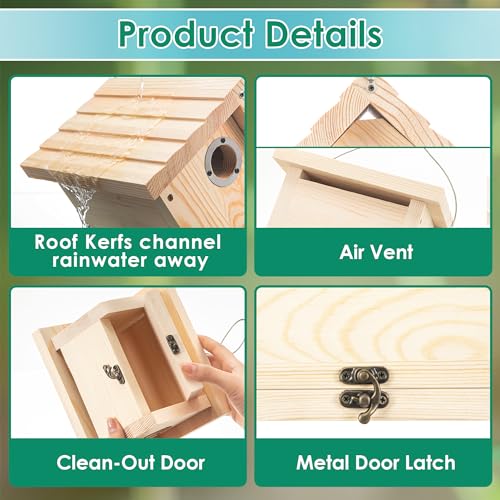 Dreyoo 2 Pack Wren House, 1-1/8'' Entrance Hole Hanging Wooden Wren Bird Houses for Outside with Metal Guard, Air Vents, Pine Wood for Chickadees (Wood Color) - color: Wood Color