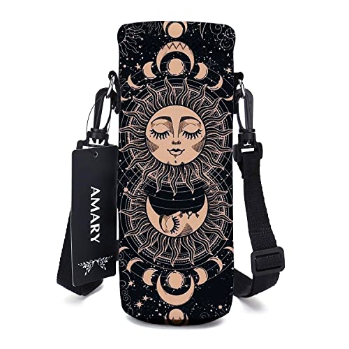AMARY Neoprene Water Bottle Carrier Bag with Adjustable Shoulder Strap, Insulated Carrier for Stainless Steel/Glass/Plastic Bottles, 500ML/16.9OZ (Sun Moon) - color: Sun Moon
