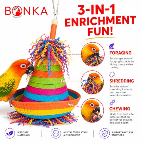 Bonka Bird Toys 2198 Pinata Hat 10" x 6" Cardboard Hat Shreddy Paper Wood Beads Straw for Conures Quakers Senegals Caiques Medium Birds Shreddable Cage Toy - size: Pack of 1