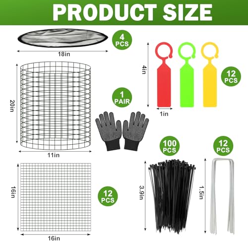 Plant Protector from Animals with Detachable Covers - 4 Pack 16”x 16" Wire Cage Cloches with Ground Stakes and Tools for Protecting Vegetable, Flower, Seedling