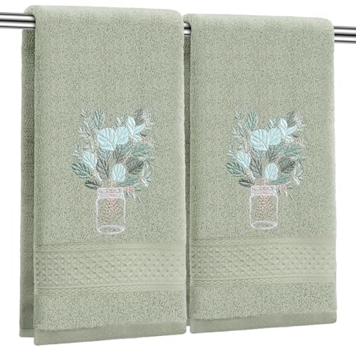 SmoothNovelty 2 Pcs Eucalyptus Hand Towels for Bathroom Decor 14x29 Inch | Embroidered Bathroom Hand Towels, 100% Cotton, Soft Absorbent, Sage Green Bathroom Kitchen Decor - style: Eucalyptus