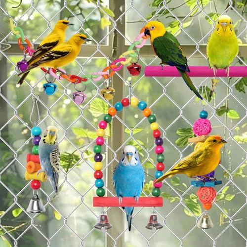 Bird Toys for Conures with Colorful Hammock Bird Cage Accessories Wooden Perch Stand Hanging Bell Birds Chewing Toys for Parrot Parakeet Budgerigar Cockatiel Lovebirds