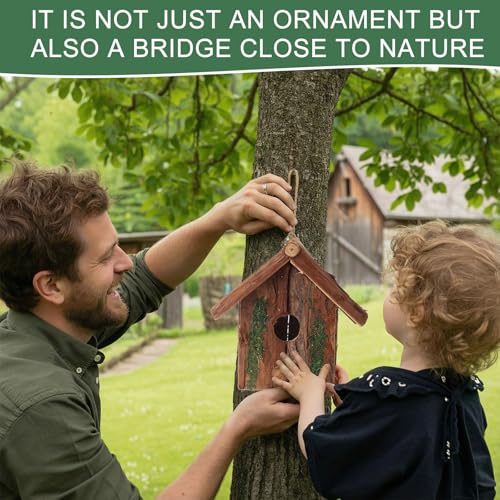 DoubleFill 1 Pcs Birdhouses for Outside Wooden Bird House with Moss Accent Hanging Design Birdhouse Natural Bark Finish Warm and Waterproof Rustic Bluebird House Cardinal Wren Hummingbird Garden