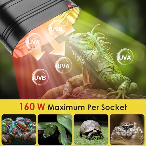 MIXJOY Dual Reptile Light Fixture, Max 160W Each Heat Lamp Fixture with Separate Switches, Fits Reptile Light/Heat Lamp/UVB Light for Lizards, Turtles, Snakes, and Amphibians