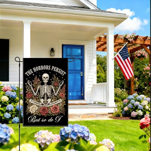 RZHV The Horrors Persist But So Do I Double-Sided Garden Flag for Outdoor House Yard Sign Garden Decor Parade, Funny Rose Skulls Front Yard Sign Flag, Halloween Fall Social Justice Outdoor Banner - color: Horrors H