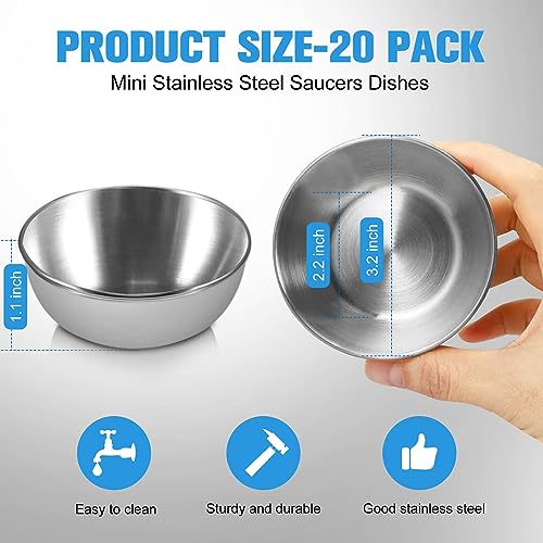 20 Pack 3.2 inch Stainless Steel Sauce Dishes 3.5 oz Mini Individual Saucers Bowl Round Seasoning Dishes Bowl Serving Appetizer Plates for Kitchen Prep Side Dish Soy Sauce Sushi Dip (20)