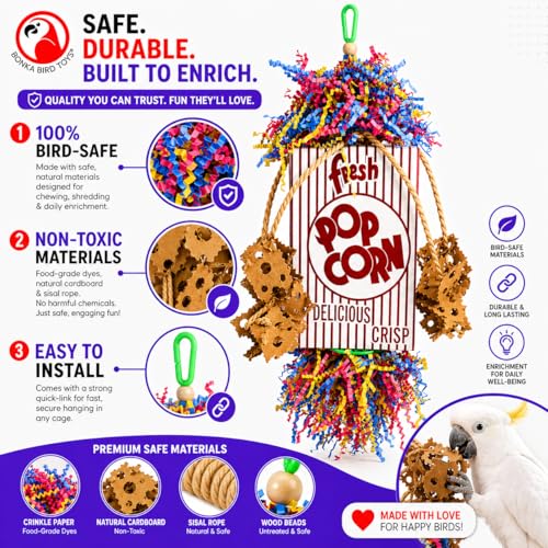 Bonka Bird Toys Popcorn Explosion Bird Toy 15" x 6" Foraging Shredding Toy for Small to Medium Birds Parakeets Cockatiels Conures Natural Paper Cardboard Hanging Cage Toy (Pack of 1) - size: Pack of 1