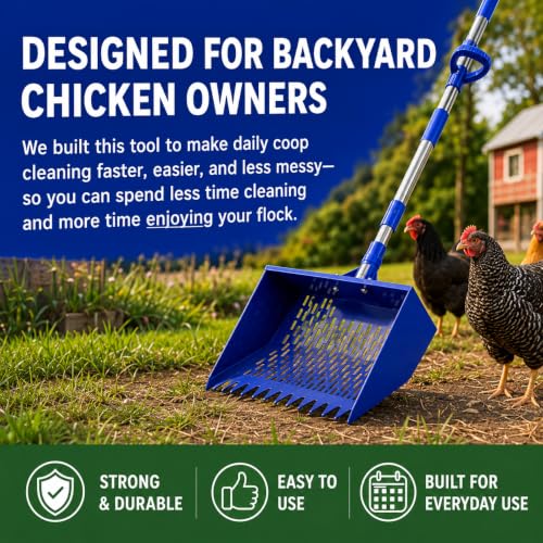 Chicken Poop Scooper with 74" Adjustable Handle – Heavy Duty Metal Chicken Coop Cleaner, 10.2" Wide Sifting Scoop with Built-in Rake & Hook for Sand, Pine Shavings & Manure