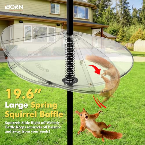 iBorn Spring Squirrel Baffle for Bird Feeder Pole, 19.6” Oversized Spring Squirrel Guard Defender, Bird Feeder for Outdoors Protector, Metal Spring & Buckle, Polycarbonate(PC) Baffle, Pack of 1,Clear