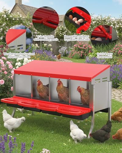 GarveeLife Chicken Nesting Box 4 Hole, Galvanized Steel Nest with Roll Away Egg Collection & Swing Perch, Easy-Clean Laying Box for Hens, Heavy Duty Design for Chicken Coop - color: Red, size: 4 holes with legs