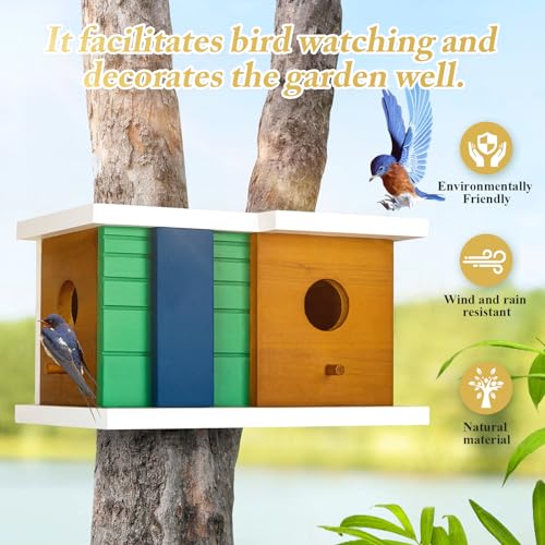 Bird House Wooden Birdhouse with 2 Holes - Bird House for Outside Ideal for Bluebird,Finch, Cardinals and Garden Wild Birds - Outdoor Hanging Bird Nesting Box