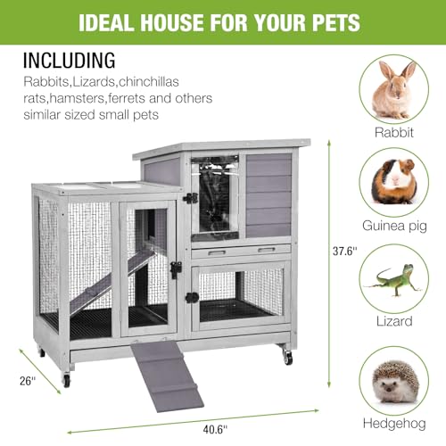 GUTINNEEN Rabbit Hutch Mobile Bunny Cage Indoor with Run Rabbit House for Small-Medium Animals with Waterproof Roof(Grey) - color: Grey
