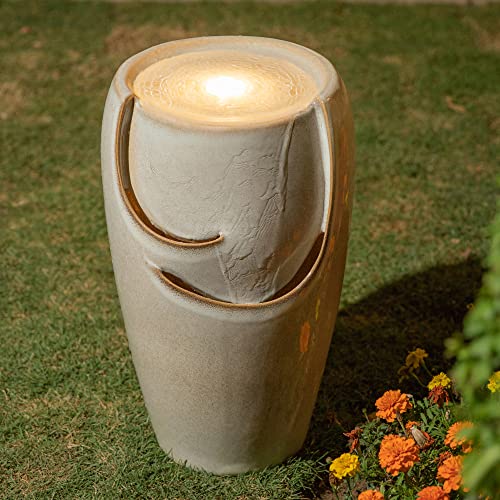 Glitzhome 21.25" H Ceramic Vase Outdoor Water Fountain Tall Patio Garden Water Fountain with LED Light and Submersible Pump Yard Art Decor, Sand Beige - color: Sand Beige, size: 21.25" H