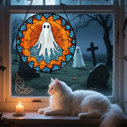 Stained Glass Window Hanging - Halloween Decorations White Ghost Suncatcher for Doors Garden Indoor Spooky Funny Blue Sun Catchers Gothic Decor Horror Gifts for Women Men Friend 9.8 in - color: Blue-orange, size: 9.8x9.8 IN