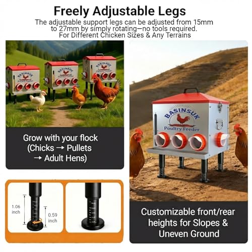 10Gal 55lb Automatic Chicken Feeder, 8 Port No Waste Chicken Feeders Rat-Proof Large Metal Poultry Feeder with Window & Catchment Tray, Adjustable Legs Waterproof Rust-Proof for Coop Outdoors