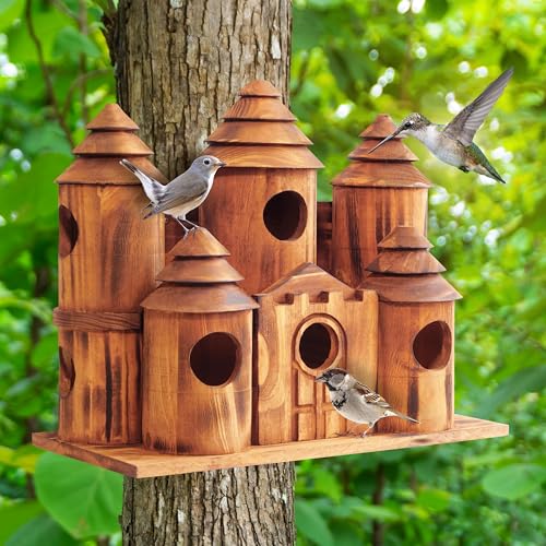 MIXUMON Wooden Bird Houses for Outside – 8 Rooms Castle-Style Bird House, Carbonized Pine Rustic Finish, 1.57" Entrance Holes, Decorative Outdoor Bird Nesting Box (Rustic, 8 Rooms)