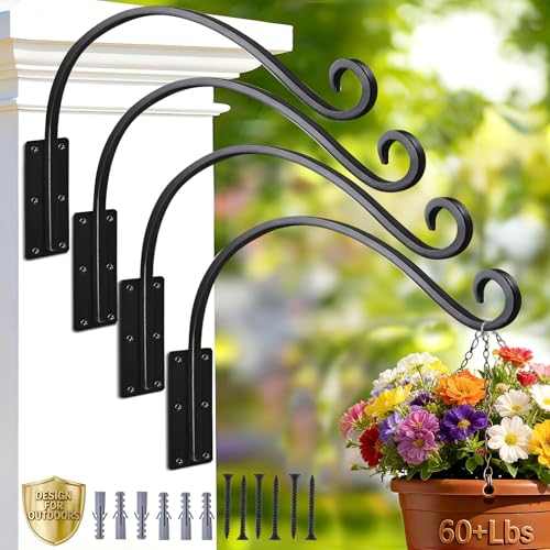 Heavy Duty 16 Inch Plant Hangers Bracket Outdoor 4 Pack Hanging Plant Hook | 60LBS Capacity, Rust-Proof Metal Wall Hook, Enhanced 6-Hole Base, For Hanging Plants, Bird Feeder, Wind Chime, Flower Baskets - size: 16in-4PCs