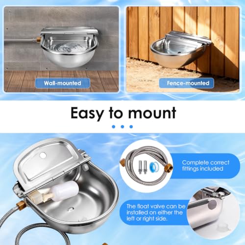 Metal Automatic Chicken Waterer, Duck Waterer No Mess | Stainless Steel Outdoor Wall Mounted Chicken Water Dispenser with Float Valve, Hose and Drain Plug for Chicken Coop