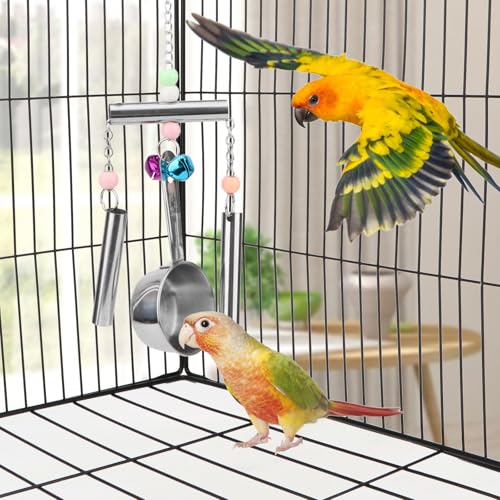 Hypeety Stainless Steel Bird Bell Toys Heavy Duty Hanging Bell Toy for Cage | Rustproof, durable, safe for metal cage, easy-hanging, with 1 spoon, for cockatoos/macaws/african grey/large parrots and bird - color: Bells+Spoon