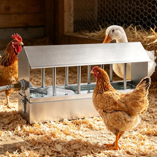 Automatic Chicken Waterer Stainless Steel Large Metal Chicken Waterer System Poultry Waterer Dispenser with Float Valve Kit Hose Accessories for Pigeon, Duck, Goose