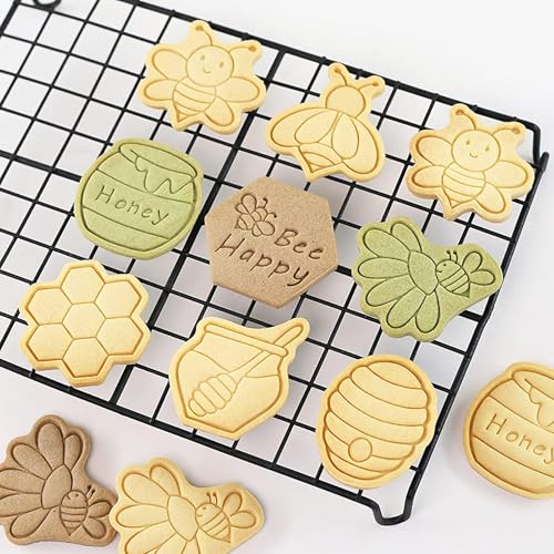 Bee Cookie Cutters with Cookie Stamps 8Pcs Honeycomb Fondant Baking Molds | Bee Honey Jar Honeycomb Cookie Molds, Ideal DIY Baking Supply for Bee Party, Baby Shower & Gift Making - color: Honeycomb