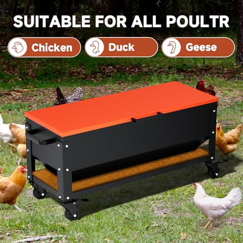 Heavy Duty Chicken Feeder 120 lbs Large Capacity, Metal Automatic Poultry Feeding Box with Waterproof Lid, Raised Standing Feeder with Wheels for Hens & Roosters, Portable & Easy to Move