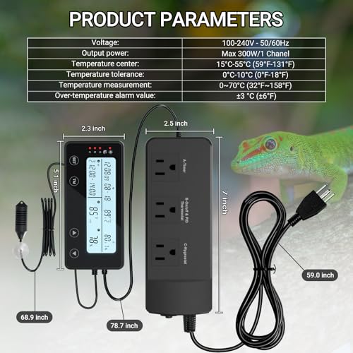 Reptile Temperature Controller with Timer, PID Reptile Digital Thermostat, 3-Channel Thermometer Hygrometer w/Memory, 2 IN 1 Day Night Temperature Humidity Gauge for Heat Lamp Bulb Humidifier