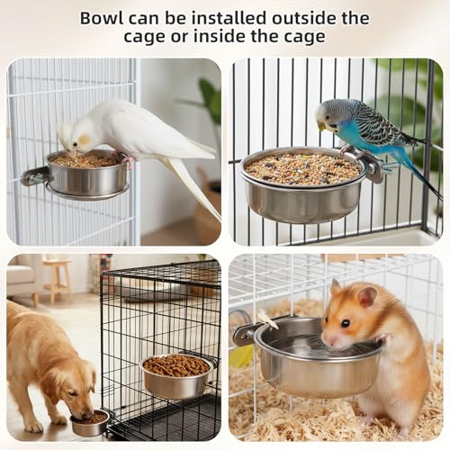 Pet Cage Bowls, 2 Pack Stainless Steel Pet Hanging Bowl, Bird Food Water Bowl for Cage, Crate Dog Bowl, Parrot Feeding Cups for Chinchilla Finches Puppy Cat Rabbit Guinea Pig