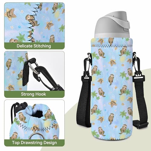 Neoprene 500ML/750ML/1000ML Water Bottle Bag Carrier, Portable Insulated Bottle Sling Holder Case Pouch with Adjustable Shoulder Strap for Men Women Walking Hiking Running - color: Cute Otters, size: 1000ML