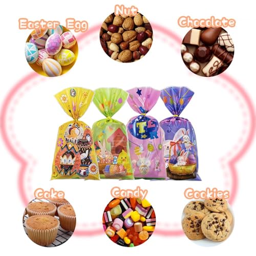 Lhocm 50 Pcs Easter Cellophane Treat Bags - 5 x 11 in Clear Candy Bags with 60 Gold Twist Ties for Kids - 2.8 Mil Thick Happy Easter Goodie Bags for Cookies, Snacks, Party Favors & Gift Packaging - color: Easter 50pcs