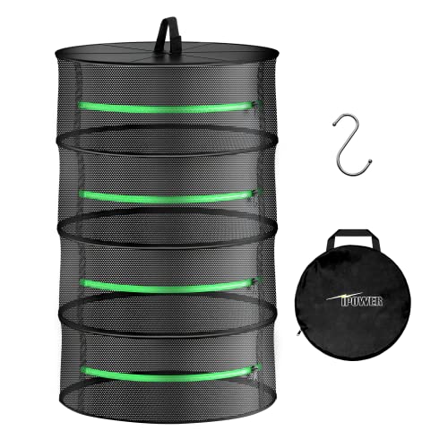 iPower 2ft 4-Layer Hanging Herb Mesh Dry Rack Foldable Drying Net with Zippers Heavy Duty Ring for Hydroponic Plant, Free Storage Bag and Hook Included - size: 4-Layer, style: Black Zippered