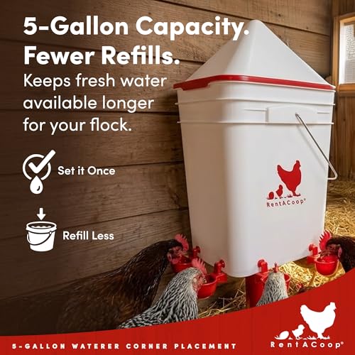 RentACoop 5 Gallon Chicken Waterer with 4 Auto-Fill Water Cups, 4 Horizontal Nipples, and Custom Adjustable Stand; BPA-Free; Large Capacity Poultry Waterer- Corner Placement