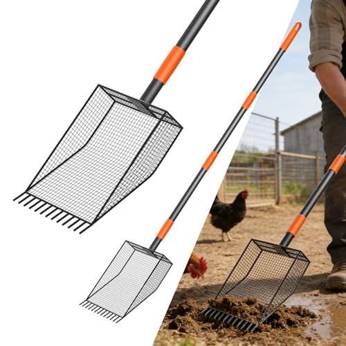 2-in-1 Chicken Poop Scooper & Rake, Heavy Duty Metal Long Handle Poultry Coop Cleaning Tool, Rustproof Manure Shovel with Serrated Edge for Backyard Chicken Ducks