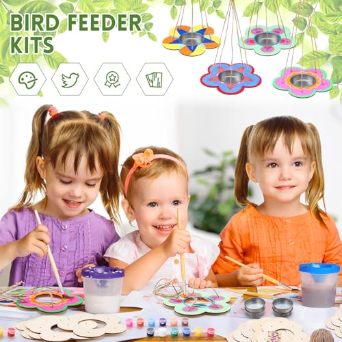 CroBlissful 12 Pack Bird Feeder Craft Kits for Kids DIY Your Own Bird Feeders with Paint and Paintbrushes Wooden Arts and Crafts for Kid Ornaments to Paint Feeders Craft for Garden(Flower Shape) - style: Flower Shape
