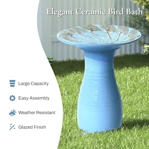 LuxenHome 20" Ceramic Bird Bath for Outside, Sky Blue Outdoor Bird Bath | Lightweight Pedestal Glazed Birdbaths for Outdoors with Leaf Pattern Design, Elegant Tall Outdoor Birdbath - color: Sky Blue